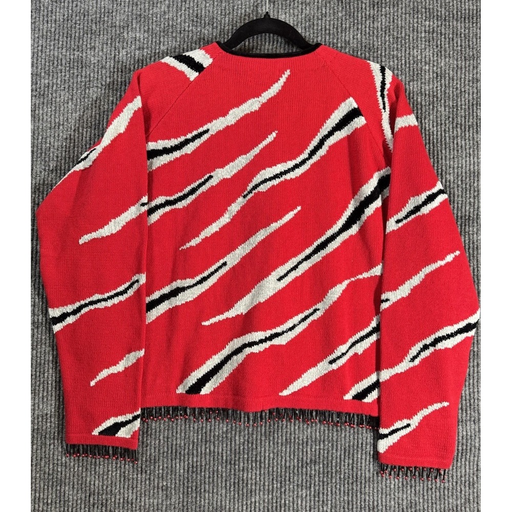 VTG Berek Beaded Fringe Cardigan Sweater XL -Red Black Gray Zebra Stripe NOS NWT - Picture 2 of 16